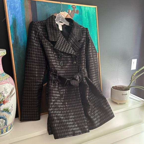 Y2K Candie's Glossy Black Houndstooth Trench Coat M - Picture 2 of 16
